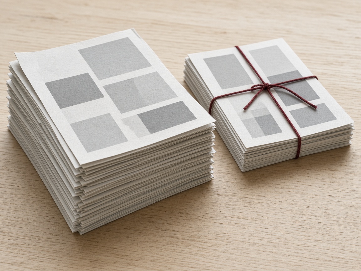 A thick stack of page layouts beside a slimmer stack tied with red thread