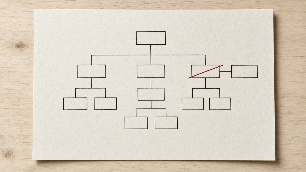 A paper sitemap, with one branch crossed in red and redrawn beside it