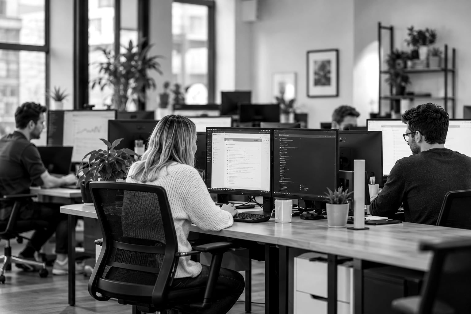Open-plan studio with several people at desks