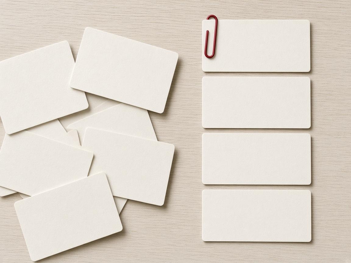 Blank cards, scattered on one side and lined up on the other